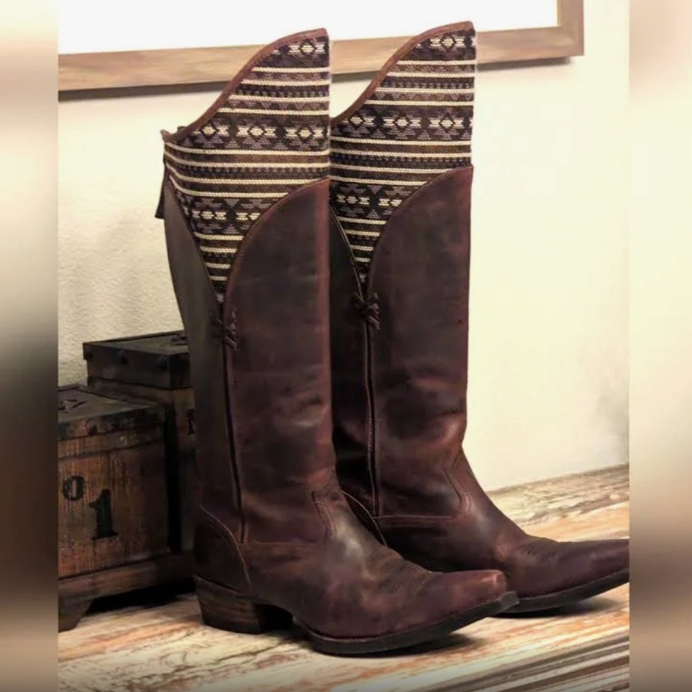 Ariat Brown Leather Tall Western Boots with Patterned Fabric Shaft